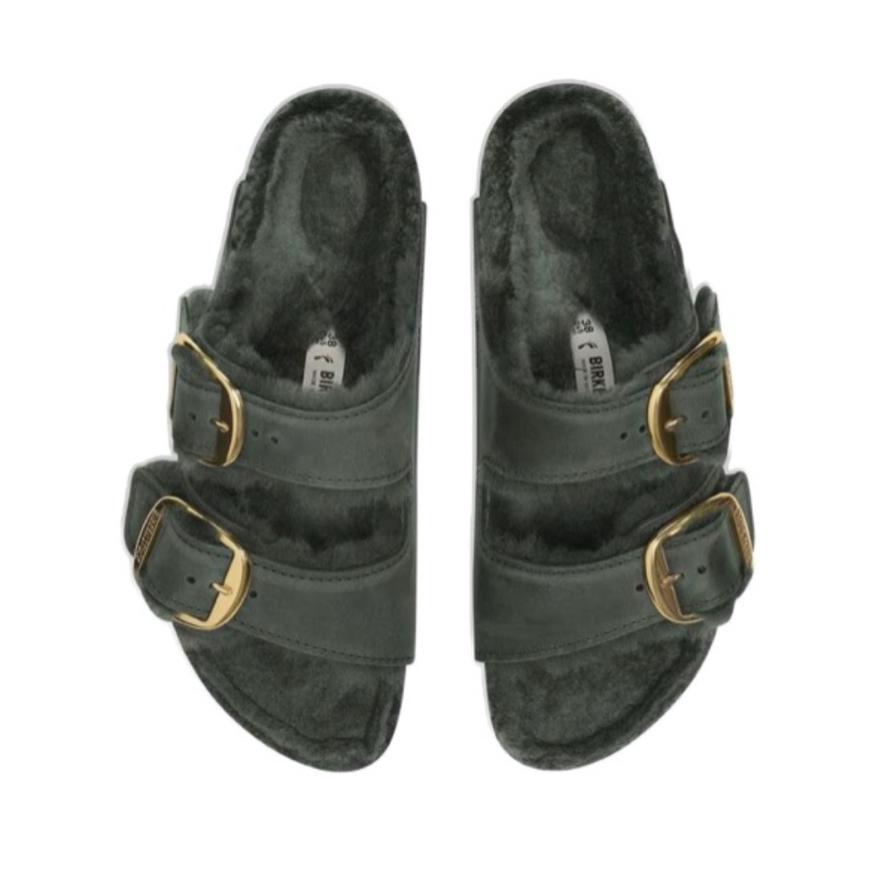 Birkenstock Arizona Big Buckle Shearling Suede Slides Thyme Green 40